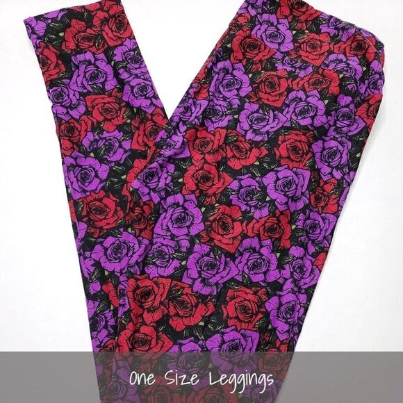 LuLaRoe OS Leggings Roses Purple Red Floral NEW - Picture 1 of 1